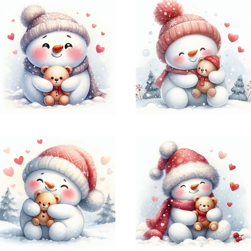 Kit 4 Watercolor Snowmen Hugging Teddy Bears – Winter Clipart (JPEG 2000x2000 px Sheet)