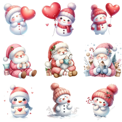 Kit 9 Watercolor Snowmen & Santa – Festive Holiday Clipart (JPEG 2000x2000 px Sheet)
