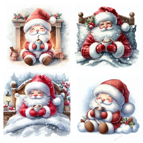 Kit 4 Watercolor Santa Claus – Cozy Winter Clipart (JPEG 2000x2000 px Sheet)