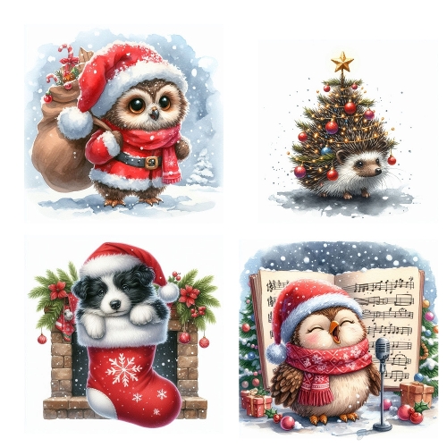 Kit 4 Watercolor Whimsical Animals – Festive Christmas Clipart (JPEG 2000x2000 px Sheet)