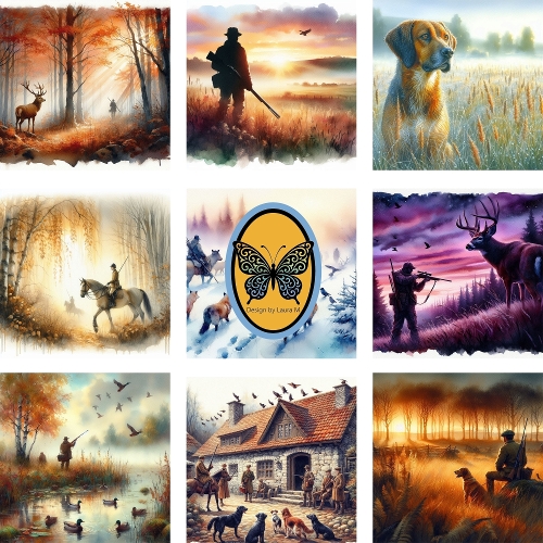 Wildlife & Nature Watercolor Bundle, 9 Scenic Animal & Rustic House Paintings, Deer, Dogs, Forest Art, 750x750px JPEG