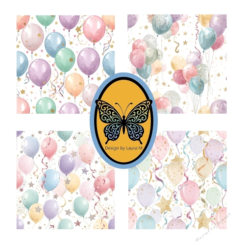 Pastel Balloon Seamless Pattern Bundle, 4 Whimsical Party Designs with Stars, Ribbons & Confetti, 1500x1500px JPEG