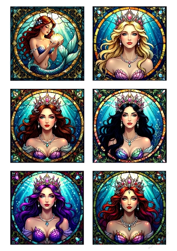 Collage 6 Glass Painting Mermaids – Ornate Circular Frames – A4 JPEG Sheet