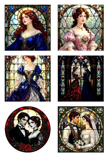 Collage 6 Victorian Characters – Stained Glass Gothic Window Panels – A4 JPEG Sheet
