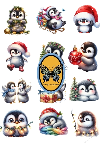 Collage 12 Cute & Funny Penguins – Christmas Watercolor A4 JPEG Sheet