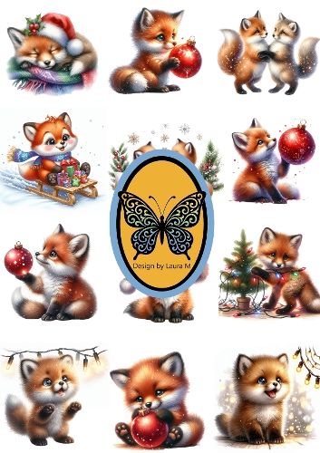 Collage 12 Cute & Funny Foxes – Christmas Watercolor A4 JPEG Sheet