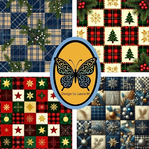 Collage 4 Patchwork Christmas Fabric Designs – Plaid, Snowflakes & Ornaments – JPEG Sheet