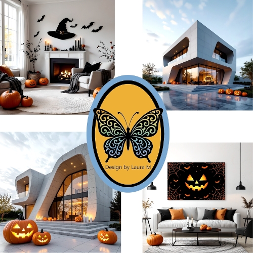 Collage 4 Halloween Interiors – Pumpkins, Black Cat Decor & Fireplaces – 1500x1500px JPEG Sheet