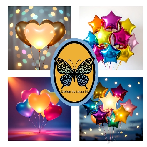 Collage of Colorful Star Balloons – 4 Sets Helium Balloons on Glowing Background