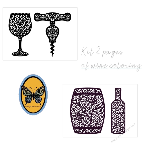 2 Pages Coloring – Intricate Black Lace Wine Glasses & Bottle Designs (JPEG 1800x1240 px)