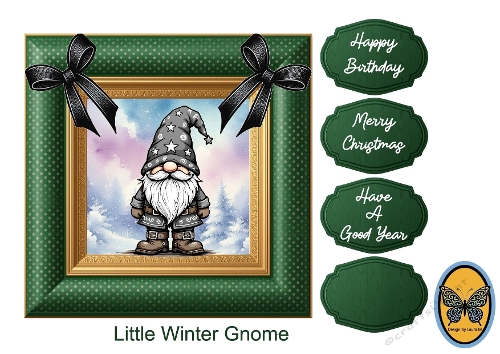Card with 3 Adorable Gnomes in a Decorative Green Frame (SVG, Silhouette, JPEG, PDF)