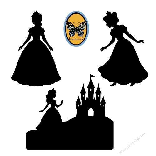 3 Princess Silhouettes in Flowing Gown (Walking, with Castle, Elegant Pose)