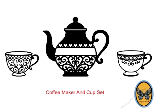SVG & Silhouette Cutting File –  of Ornate Tea Set (Teapot, Cups & Saucers)