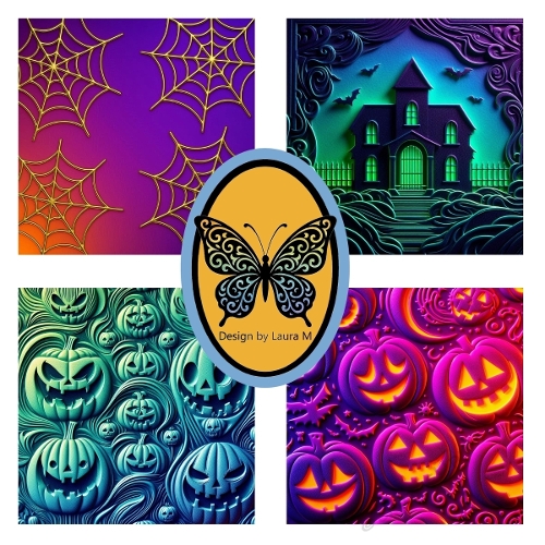 Vibrant Halloween Collage Sheet – 4 Festive Squares with Spiders, Pumpkins & Swirls