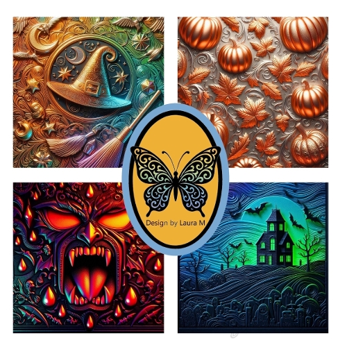 Four Embossed Halloween Papers – Witch Hat, Pumpkins, Haunted House, Monster JPEG
