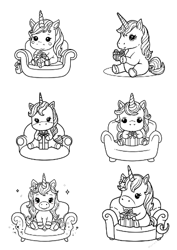 Adorable Christmas Unicorn Coloring Sheet – 6 Mini Unicorn & Gift Designs on A4
