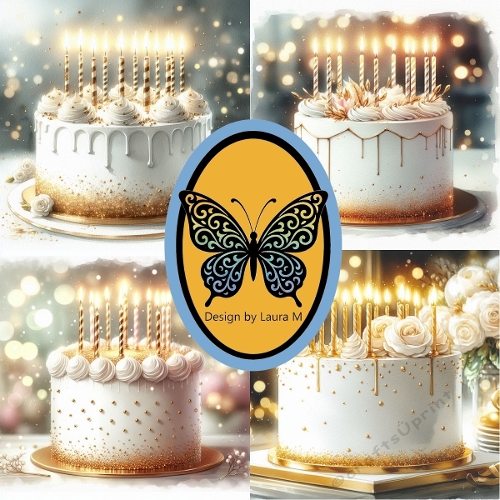 Luxury Birthday Cake Watercolor | Elegant White Fondant with Gold Candles | Printable JPEG 1200x1200