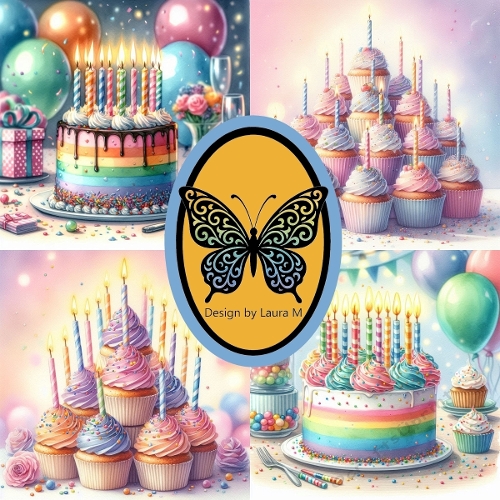 Festive Birthday Cakes Collage | Colorful Party Illustration JPEG 1200x1200 | Balloons & Confetti