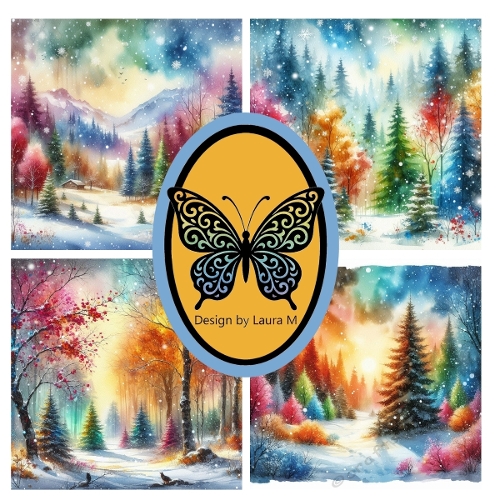 Winter Landscape Collage Watercolor | Four Scenic Paintings with Snow & Starry Sky | JPEG 1200x1200