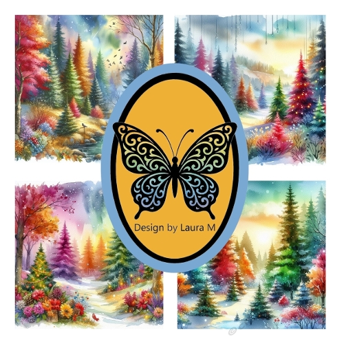 Winter Forest Cabin Collage | Watercolor Scenic Paintings with Snow & Path | JPEG 1200x1200