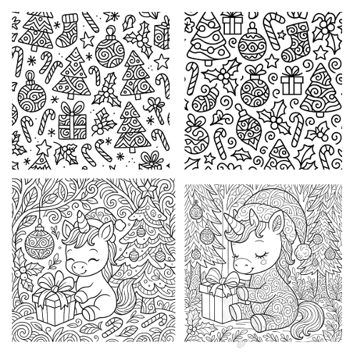 Unicorn Christmas Coloring Page Collage zenctangle JPEG 1200x1200