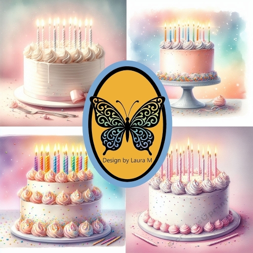 Pink Birthday Cakes Collage | Four Festive Cakes with Candles, Frosting & Sprinkles | JPEG 1200x1200