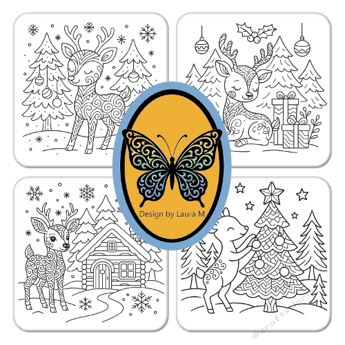 Collage of 4 Black-and-White Festive Christmas Line Drawings – A4 JPEG