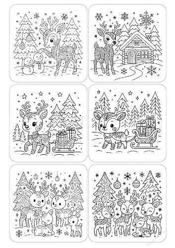 Collage of 6 Black-and-White Festive Christmas Line Drawings – A4 JPEG