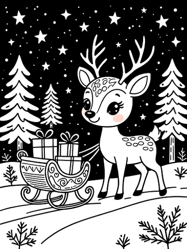 Cute Deer with Sleigh of Gifts – Christmas Coloring Page – A4 JPEG