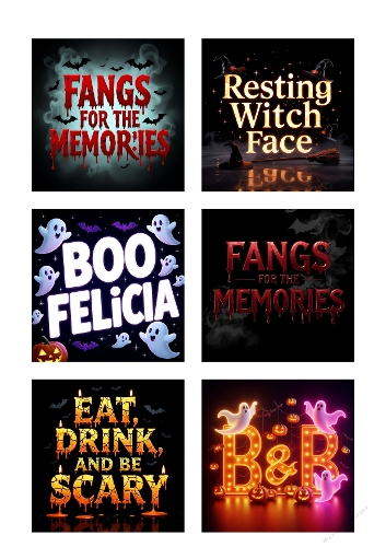 Collage of 6 Funny Halloween Text Art Posters – A4 JPEG
