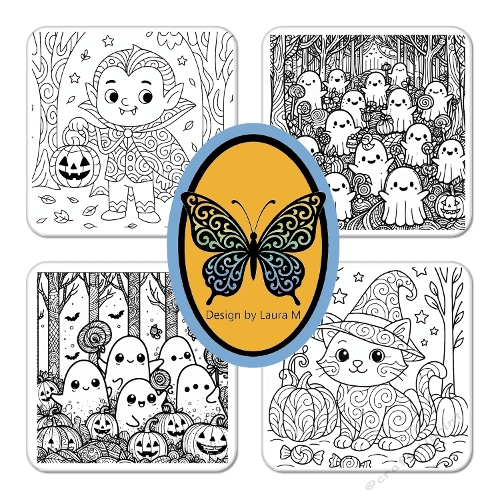 Collage of 4 Halloween Zentangle Coloring Pages – Vampire, Ghosts & Cat – JPEG 1500x1500
