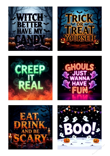 Collage of 6 Neon Halloween Posters with Funny Spooky Phrases – A4 JPEG