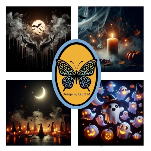 Collage of 4 Spooky Halloween Scenes – Moonlit Sky, Jack-o-Lanterns, Forest & Haunted Village – JPEG 1500x1500