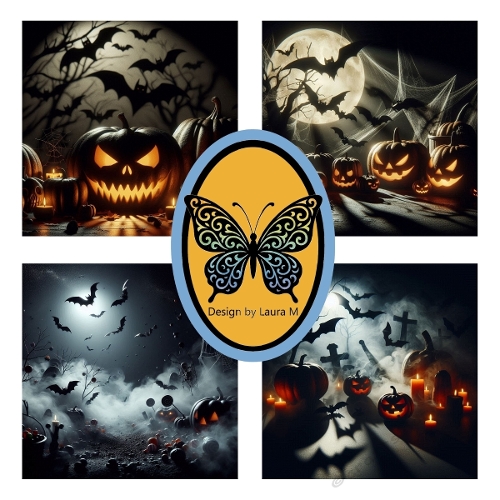 Collage of 4 Spooky Halloween Photos – Jack-o-Lanterns, Bats, Spider Webs & Full Moon – JPEG 1500x1500
