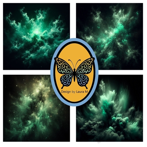 Swirling Green Nebula with Twinkling Stars – Cosmic Space Collage – JPEG 1500x1500