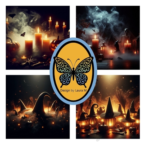 Collage of 4 Spooky Halloween Photos – Jack-o-Lanterns, Witches Hats, Bats & Fog – JPEG 1500x1500