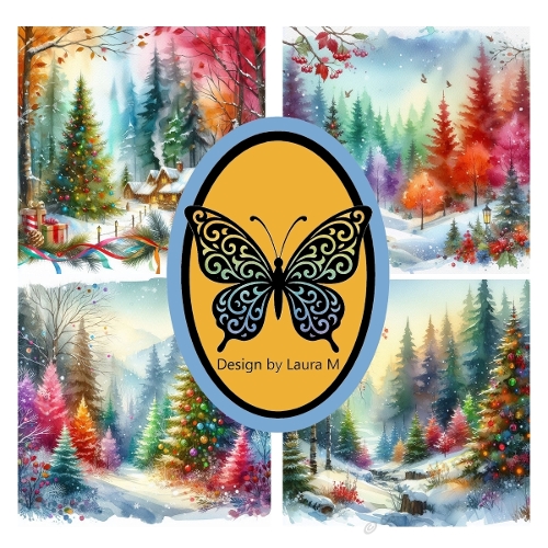 Collage of 4 Christmas Watercolor Panels – Snowy Forest, Cozy Cabins & Festive Trees – JPEG 1500x1500
