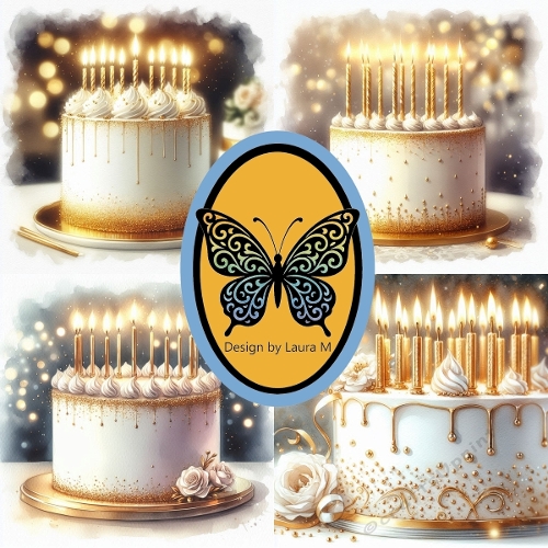 Collage of 4 Whimsical Birthday Cakes – Watercolor Cakes with Candles, Frosting & Rose Petals – JPEG 1500x1500