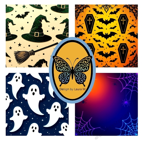 Halloween Pattern Collage – Witches Hats, Bats, Pumpkins & Ghosts – JPEG 1500x1500