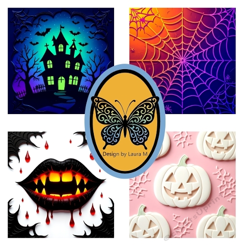 Collage of 4 Spooky Halloween Illustrations – Haunted House, Bats, Jack-o-Lanterns & Spider Web – JPEG 1500x1500