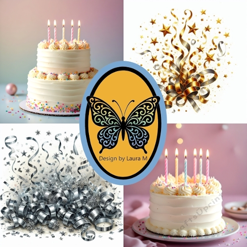 Collage of 4 Festive Birthday Cake Images – White Tiered Cakes with Candles & Confetti – JPEG 1500x1500