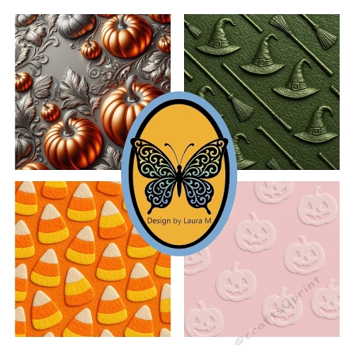 Collage of 4 Halloween Patterns – Metallic Pumpkins, Witches Hats, Candy Corn & Jack-o-Lanterns – JPEG 1500x1500