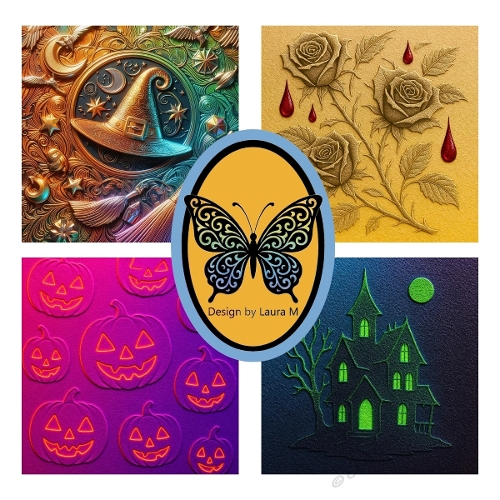 Collage of 4 Halloween Scenes – Pumpkin, Witch, Roses & Haunted House – JPEG 1500x1500