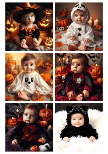 Collage of 6 Adorable Baby Halloween Costumes – Witch, Panda, Ghost, Pumpkin, Vampire & Cat – A4 JPEG