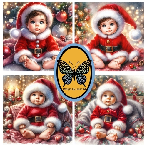 Collage of 4 Christmas Baby Scenes – Santa Outfit, Festive Decorations & Twinkling Lights – JPEG 1200x1200