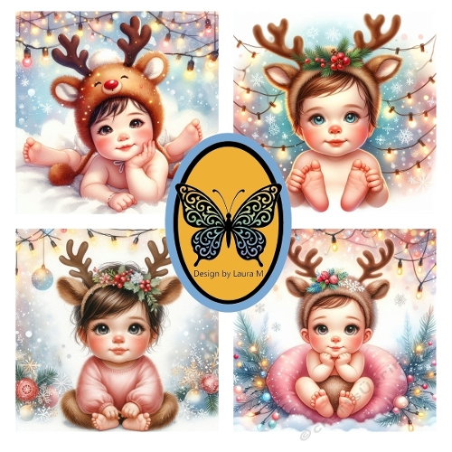 Collage of 4 Adorable Baby Reindeer – Santa Hats, Festive Lights & Ornaments – Watercolor JPEG 1200x1200