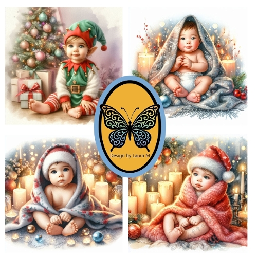 Collage of 4 Festive Babies – Cozy Outfits, Christmas Decorations & Candles – JPEG 1200x1200