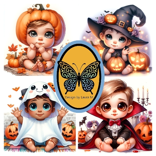 Collage of 4 Adorable Babies in Halloween Costumes – Jack-o-Lanterns, Bats & Autumn Leaves – JPEG 1200x1200