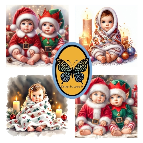 Collage of 4 Adorable Baby Elves – Festive Attire, Christmas Decorations & Snow – JPEG 1200x1200