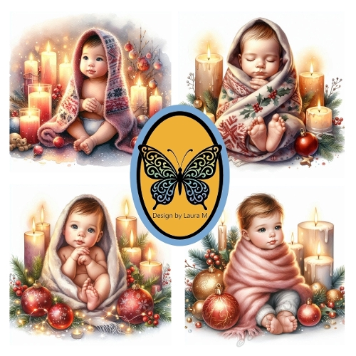 Watercolor Collage of 4 Adorable Babies – Cozy Blankets, Candles & Christmas Décor – JPEG 1000x1000